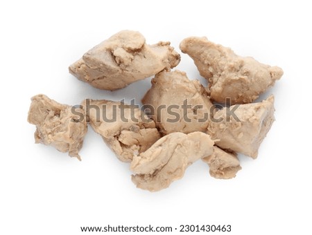 Pieces of tasty cod liver on white background, top view