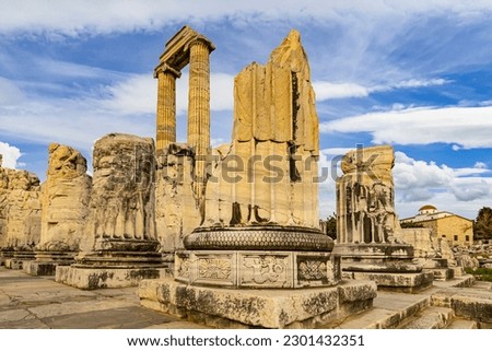 Ancient temple of Apollo in the city of Didim under the bright sun. Turkey Royalty-Free Stock Photo #2301432351