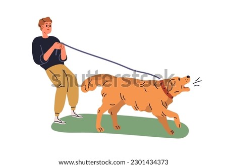 Angry aggressive dog barking. Pet owner keeping leash with disobedient evil growling doggy in aggression. Bad wrong canine animal behavior. Flat vector illustration isolated on white background