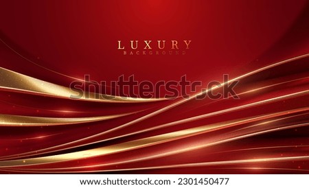 Red abstract background with golden curves decorated with glitter light effect, luxury style design concept.