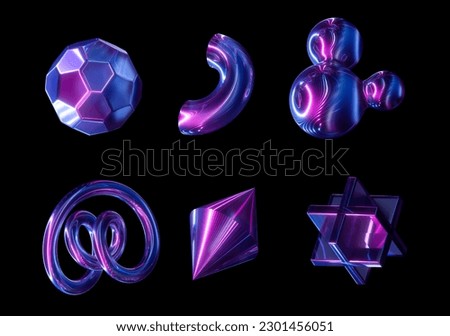 3d render, abstract geometric primitive shapes. Set of purple neon glass elements or icons isolated on black background. Glowing abstract clip art