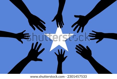 Group of Somalia people gathering hands vector silhouette, unity or support idea, hand gathering silhouette on Somalia flag, teamwork and togetherness concept, union of society