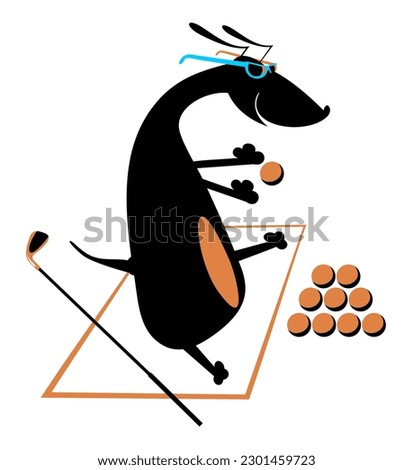 Dog playing golf. 
Golf course. Cartoon dog playing golf

