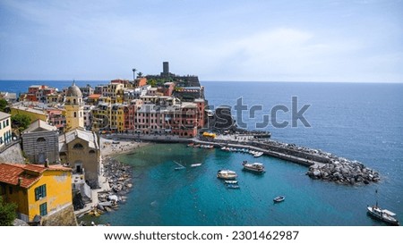 Cinque Terre Villages in Italy. Sea with colorful buildings.