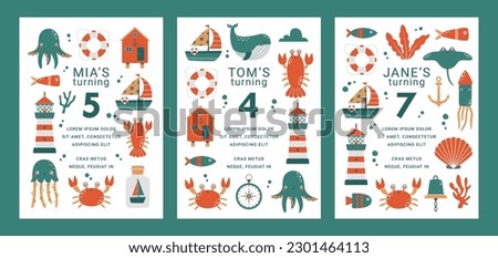 Set designs of childish birthday party invitation with sea animals, lighthouse, crab, fish, ship, whale, squid, octopus. Cute vector cards with cartoon simple illustrations with text for baby shower.