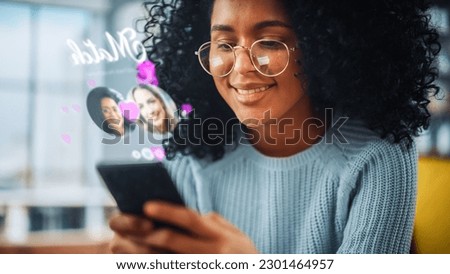 Augmented Reality Dating Concept: Beautiful LGBT+ Black Girl Uses Smartphone for Browsing Social Media Dating App. Brazilian Woman Searching for Love Partner, Swiping Left and Right and Gets a Match