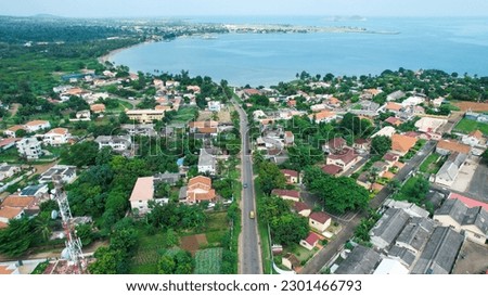 Aerial view of Sao Tome city, with baia Ana Chaves as background, Sao Tome e Principe,Africa Royalty-Free Stock Photo #2301466793