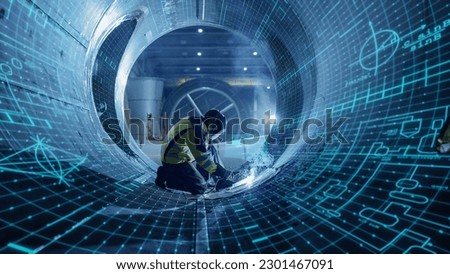 Industrial 4.0 Digital Visualization: Heavy Industry Welder Working, Welding Inside Pipe. Construction of NLG Natural Gas and Fuels Transport Pipeline. Clean Green Power and Energy Concept. Royalty-Free Stock Photo #2301467091
