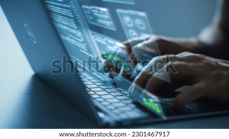 Software Programmer Working on Computer, Engineering Neural Network, Creating Machine Learning App, Doing Big Data Analysis, and Optimizing AI. Edited Hologram Overlayes Screen. Focus on Hands