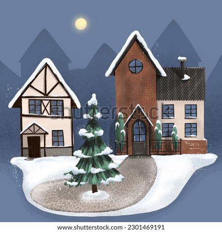 drawing of winter in the village houses in the snow