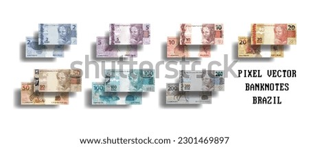 Vector set of pixelated mosaic banknotes of Brazil. Brazilian cash. The denomination of bills is 2, 5, 10, 20, 50, 100 and 200 reais. Royalty-Free Stock Photo #2301469897