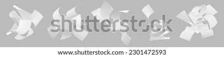 Realistic set of white paper sheets falling down isolated on transparent background. Vector illustration of stack of blank pages, office documents, business files flying in air. Mess in paperwork Royalty-Free Stock Photo #2301472593