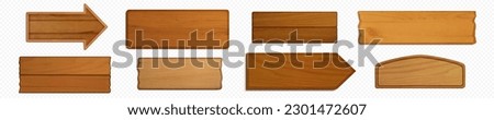 Realistic set of wooden arrow signs, signboards, direction indicators isolated on transparent background. Vector illustration of blank boards made of natural oak. Vintage pointers, rustic banners