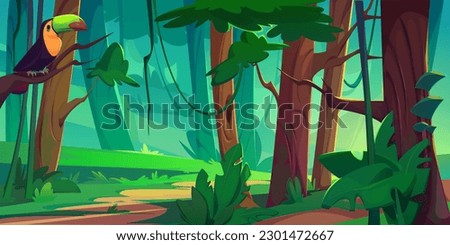 Tropical jungle forest with toucan on tree cartoon background. Bird on branch in wildlife exotic nature landscape. Adventure in wild amazon rainforest park with liana and bush illustration design.