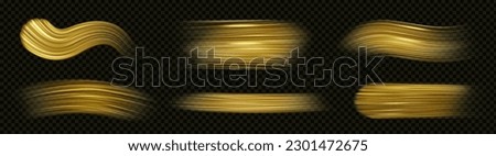 Realistic set of golden paint brush strokes isolated on transparent background. Vector illustration of shiny color samples on black surface, splach texture, wavy and straight line trails. Luxury art