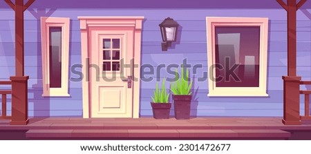 House porch with front door, wall, windows, columns, fence and stair. Home entrance, building facade with wooden terrace, plants and lamp, vector cartoon illustration
