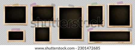Realistic set of old photos attached to album page with sticky tape. Vector illustration of blank paper photographs in vintage yellow frames, collage template isolated on transparent background Royalty-Free Stock Photo #2301472685