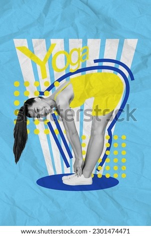 Creative 3d photo artwork graphics collage painting of smiling happy lady practicing yoga isolated blue color background