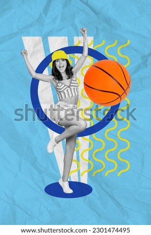 Creative retro 3d magazine collage image of cool lucky lady winning basketball championship isolated colorful background