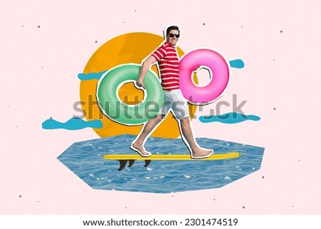 Artwork collage image of cheerful positive guy walk stand surf board hold inflatable ring water clouds isolated on painted background