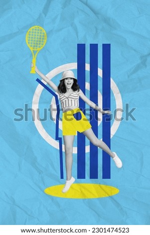 Photo collage artwork minimal picture of excited funny lady playing tennis isolated creative background