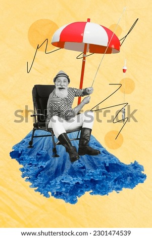 Vertical collage picture of black white gamma grandfather sit chair under umbrella catch fist huge blue lettuce leaf isolated on yellow background