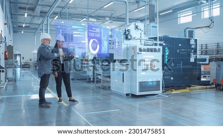 Factory Digitalization: Two Industrial Engineers Use Tablet Computer, AI Big Data Analysis. Visualization of High-Tech Facility into 3D Rendered Neural Network. Industry 4.0 Machinery Manufacturing Royalty-Free Stock Photo #2301475851