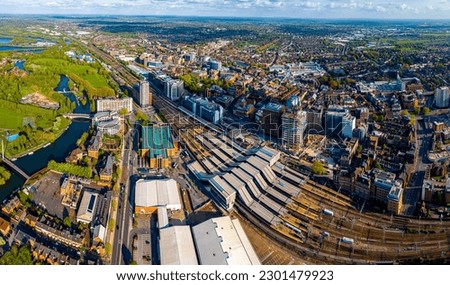 Aerial view of Reading, a large town on the Thames and Kennet rivers in southern England, UK Royalty-Free Stock Photo #2301479923