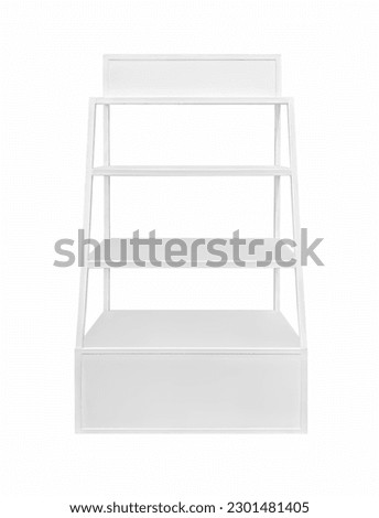 Empty 3 tier white steel shelves for placing products isolated on white background Royalty-Free Stock Photo #2301481405