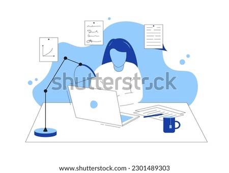 Teaching students online at home. A woman is sitting at a table, looking at a laptop. Online education concept. Faceless vector illustration. EPS 10 Royalty-Free Stock Photo #2301489303