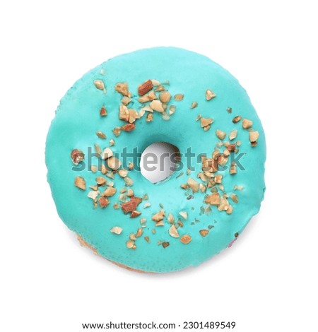 Tasty glazed donut decorated with nuts isolated on white, top view