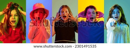 Collage made of portraits of different children, boys and girls with surprised faces over multicolored background in neon lights. Concept of human emotions, youth, lifestyle, facial expression. Ad