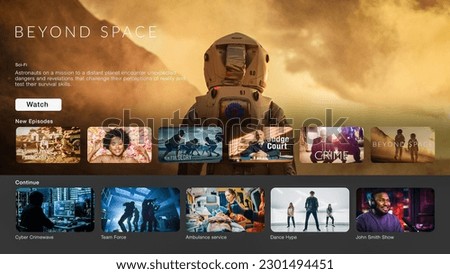 Interface of Streaming Service Website. Online Subscription Offers TV Shows, Realities, and Fiction Films. Screen Replacement for Desktop PC and Laptops With Featured Science Fiction Television Show. Royalty-Free Stock Photo #2301494451