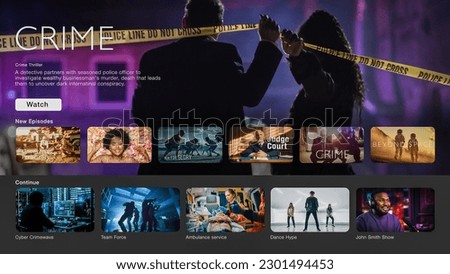 Interface of Streaming Service Website. Online Subscription Offers TV Shows, Realities, and Fiction Films. Screen Replacement for Desktop PC and Laptops With Featured Crime Thriller Television Show. Royalty-Free Stock Photo #2301494453