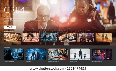 The interface of Streaming Service Website. Online Subscription Offers TV Shows, Realities, Fiction Films. Screen Replacement for Desktop PC and Laptops With Featured Crime Thriller Television Show.