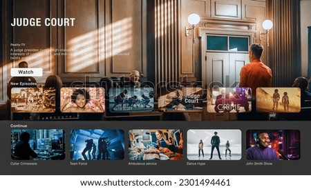 Interface of Streaming Service Website. Online Subscription Offers TV Shows, Fiction Films, Podcasts. Screen Replacement for Desktop PC and Laptops With Featured Reality Television Courthouse Show