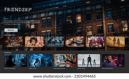 Interface of Streaming Service Website. Online Subscription Offers TV Shows, Realities, and Fiction Films. Screen Replacement for Desktop PC and Laptops With Featured Sitcom Comedy Television Show. Royalty-Free Stock Photo #2301494465