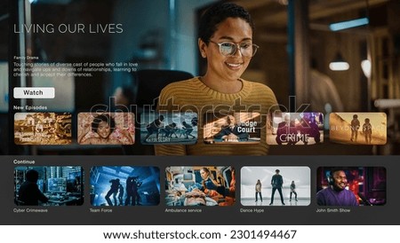 Interface of Streaming Service Website. Online Subscription Offers TV Shows, Realities, Fiction Movies, and Podcasts. Screen Replacement for Desktop PC and Laptops With Featured Family Drama. Royalty-Free Stock Photo #2301494467