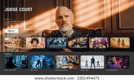 Interface of Streaming Service Website. Online Subscription Offers TV Shows, Fiction Films, Podcasts. Screen Replacement for Desktop PC and Laptops With Featured Reality Television Courthouse Show.