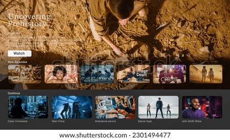 Interface of Streaming Service Website. Online Subscription Offers TV Shows, Realities, and Fiction Movies. Screen Replacement for Desktop PC and Laptops With Featured Prehistoric Documentary.