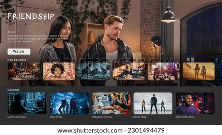 Interface of Streaming Service Website. Online Subscription Offers TV Shows, Realities, Fiction Films. Screen Replacement for Desktop PC and Laptops With Featured Sitcom Comedy Television Show. Royalty-Free Stock Photo #2301494479
