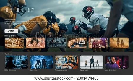 Interface of Streaming Service Website. Online Subscription Offers TV Shows, Realities, Fiction Films. Screen Replacement for Desktop PC and Laptops With Featured Professional Sports Documentary.
