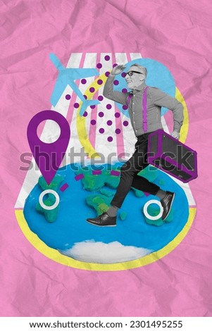 Creative abstract template graphics collage image of funky happy senior guy hurrying vacation isolated colorful background