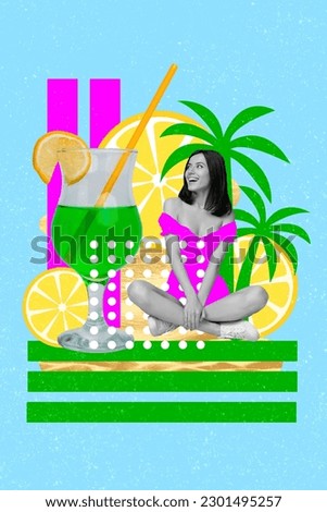 Vertical creative abstract illustration photo of good mood excited girl drinking cocktails on beach vacation isolated drawing background