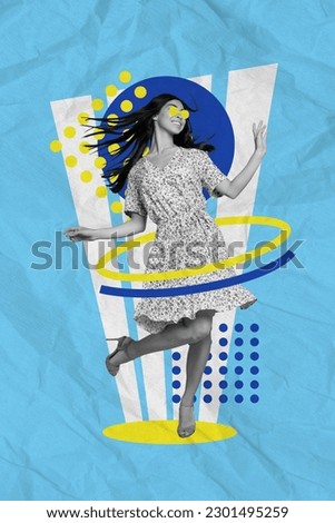 Artwork magazine collage picture of smiling dreamy lady dancing having fun isolated blue color background