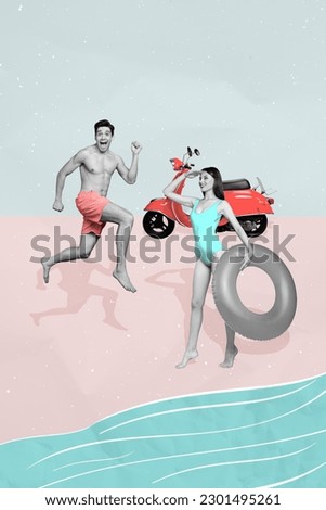 Photo collage artwork minimal picture of smiling excited couple enjoying anniversary vacation isolated creative background