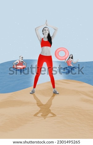 Exclusive magazine picture sketch collage image of dreamy lady practicing beach yoga isolated creative background