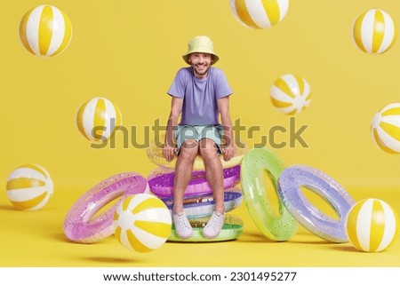 Poster banner creative collage of young guy shop assistant advertise summer stuff for resort pool holidays
