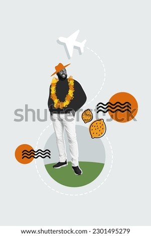 Vertical creative drawn collage of young funny man wear sun hat painted stylish exotic wreath fly plane lemon fruit on grey background