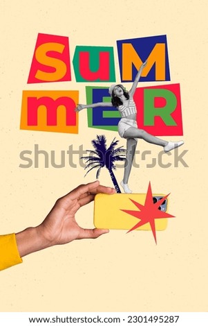Photo of collage cadre of lady careless dancing happy blogging recording video flashlight tropics palm summer isolated on yellow background